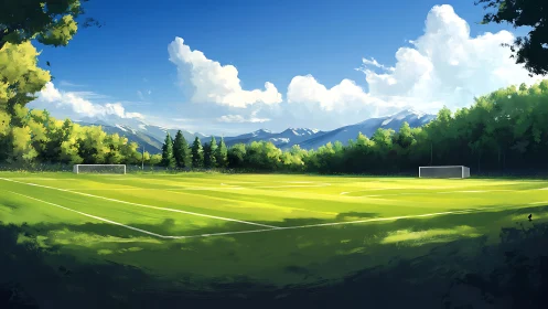 Mountain valley soccer field under clear summer sky.