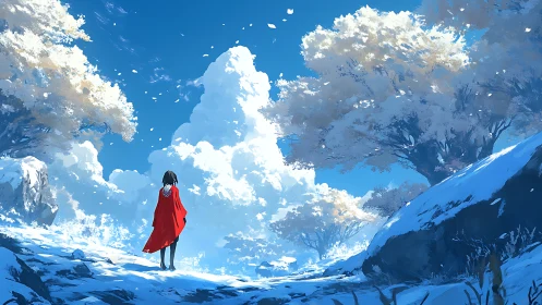 Solitary wanderer crosses luminous snowy hillside under sky