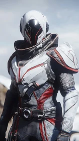 Futuristic armored soldier in white and red exosuit.