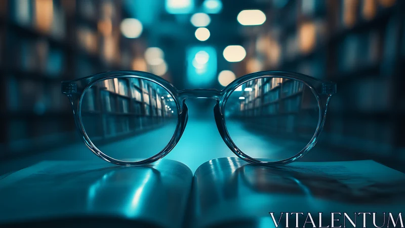 Backlit eyeglasses on open book in shallow-focus library aisle