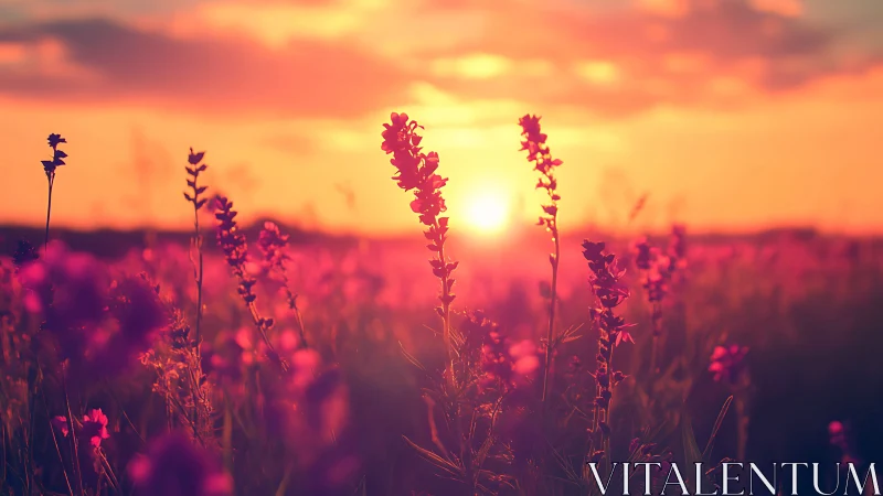 Wildflower field glows under vivid orange sunset sky.