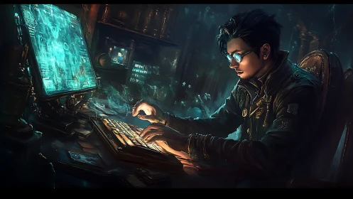 Midnight coder at a glowing steampunk cyber desk.