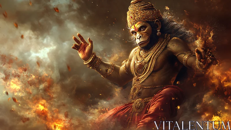 Fiery monkey warrior deity poised within swirling embers.