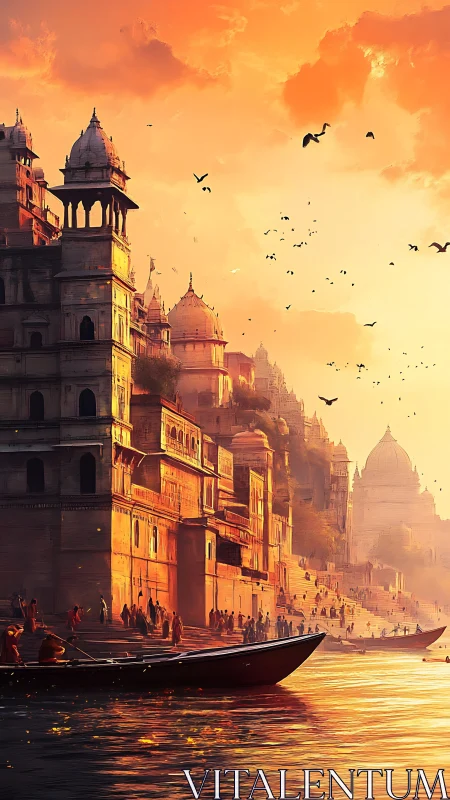 Sunlit riverfront temples under glowing cinematic skyscape.