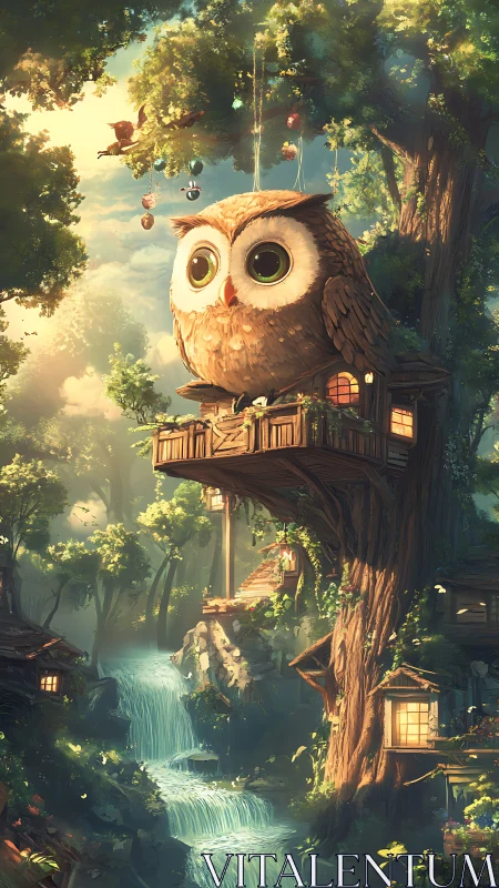 Gentle owl guardian resting above a cozy forest waterfall.