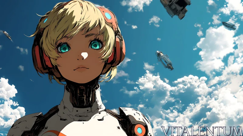 Hopeful young android gazing up into a bright open sky.