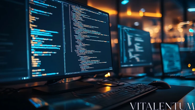 Glowing monitors reveal clean, colorful code in a calm office