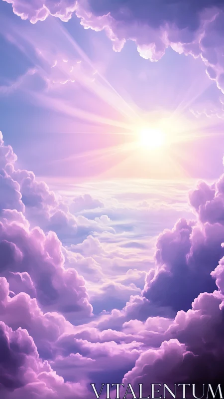 Luminous sunrise through violet cumulonimbus cloud corridor.