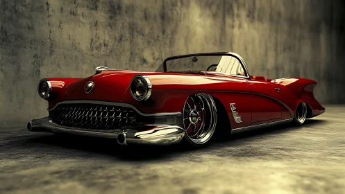 Low-slung red classic convertible gleams in moody studio light