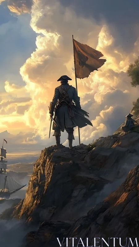 Digital painting of lone naval captain on storm-worn cliff summit.
