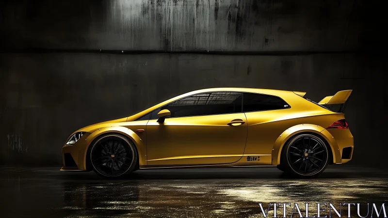 Gold widebody hatchback with aero kit in cinematic side profile