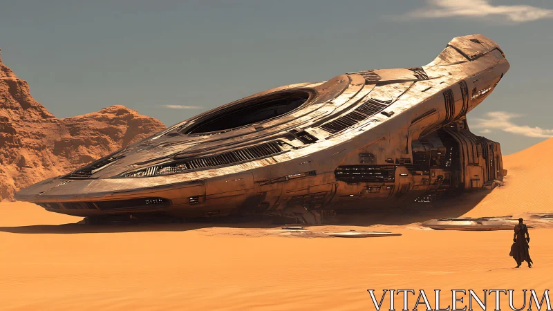 Desert wanderer discovers a silent starship resting in sand