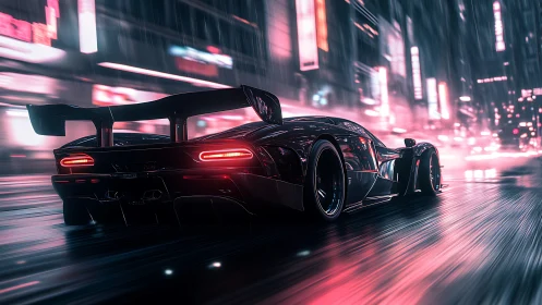 Hypercar rear view in neon drenched rainy cyberpunk megacity