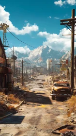 Post-apocalyptic desert highway with derelict town structures.