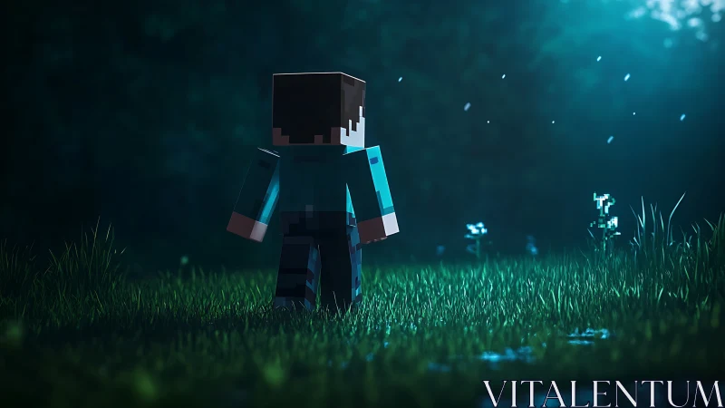 Soft moonlit meadow welcomes a lone blocky adventurer