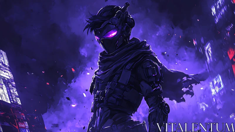 Neon-occluded cyber operative in violet particulate bloom.