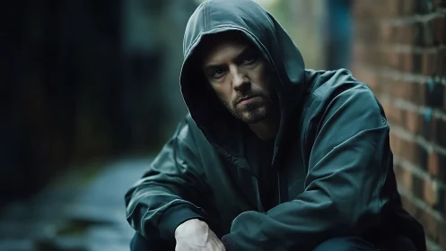 Hooded man seated in narrow urban alley at close range.