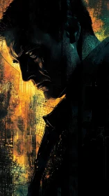 Brooding male silhouette against distressed urban glow.