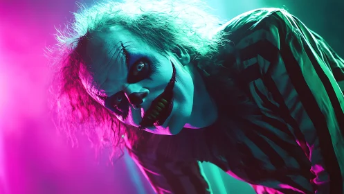 Chromatic horror portrait of neon-illuminated striped clown.