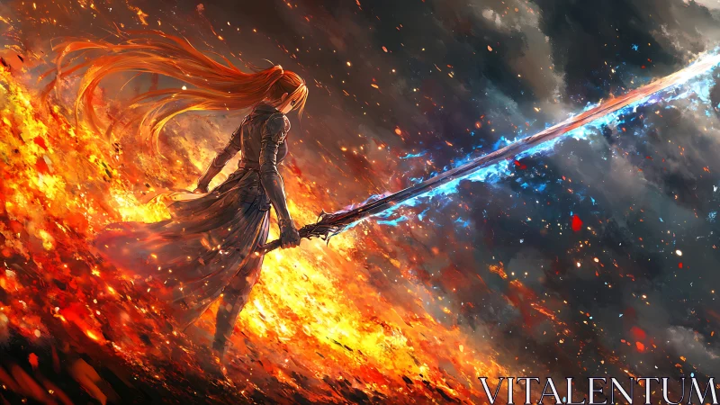 Fiery battlefield warrior raising glowing energy sword.