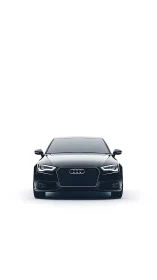 Front view of black sedan car on white studio background.