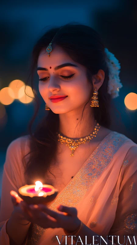 Woman holds illuminated diya in shallow depth of field portrait