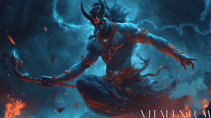 Fiery horned warrior dancing through swirling blue flames.