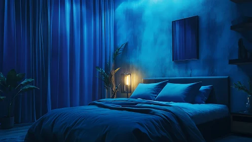 Blue-lit modern bedroom interior shows controlled lighting