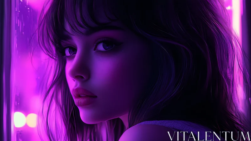 Neon lit digital portrait of woman in purple light.