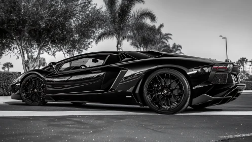 Sleek black supercar gleams under palm-lined boulevard sky.