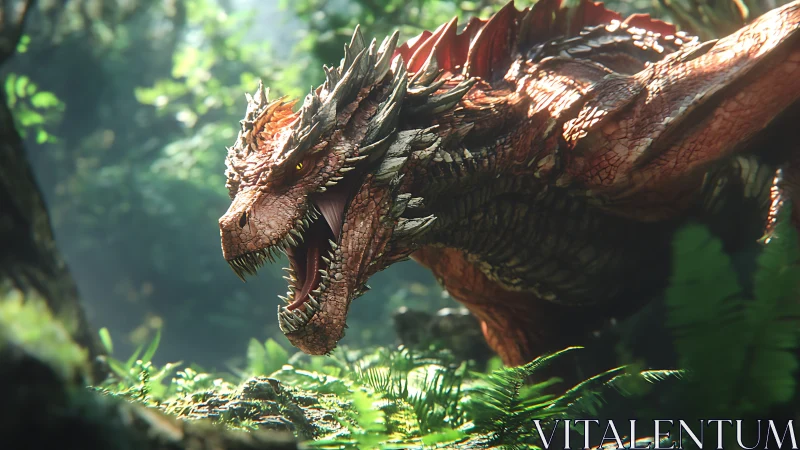Crimson forest dragon roaring through cinematic sunlight.