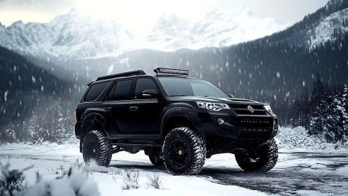 Photorealistic black off-road SUV in alpine snow environment.