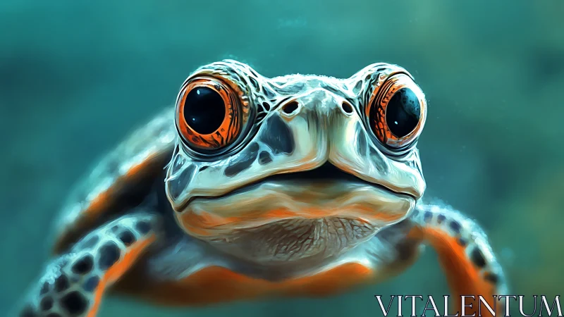 Curious sea turtle stares back with gleaming ember eyes