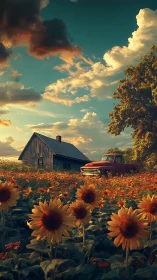 Sunflower field, vintage pickup and barn under dramatic sky.