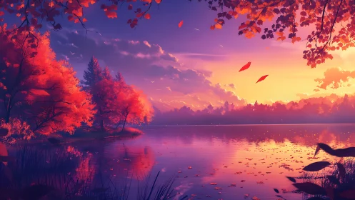 Crimson autumn lake at radiant sunset in tranquil stillness.