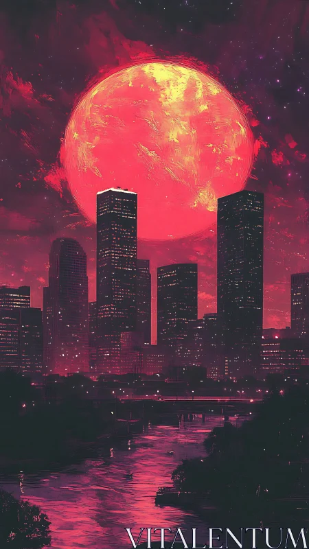 Urban skyline under oversized red celestial body at night.