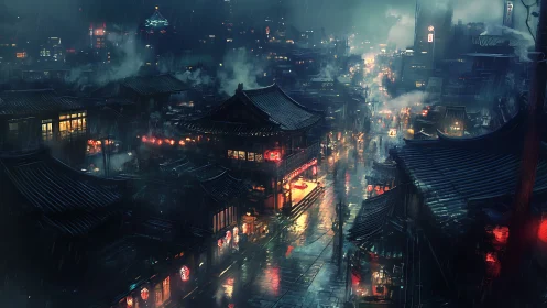 Rain-soaked neon street in dense East Asian city at night.