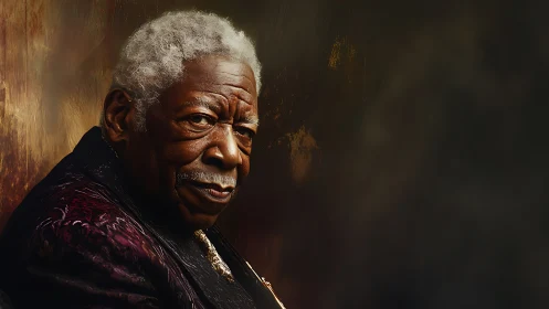 Silver-crowned elder in ember light holds a quiet legend.