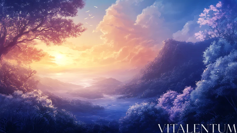 Radiant fantasy sunrise bathes a tranquil misty valley in light