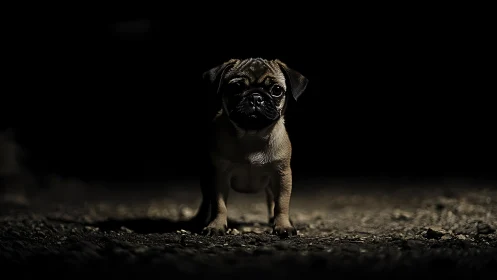 Tiny night guard pug strides through dramatic darkness