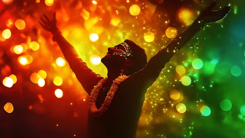 Digital painting of festive silhouette in luminous bokeh field.