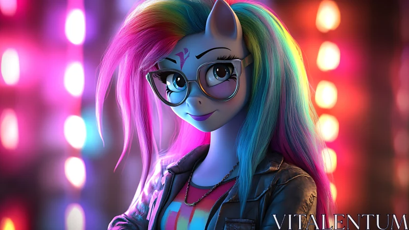 Neon-lit rainbow-maned pony wearing glasses poses confidently