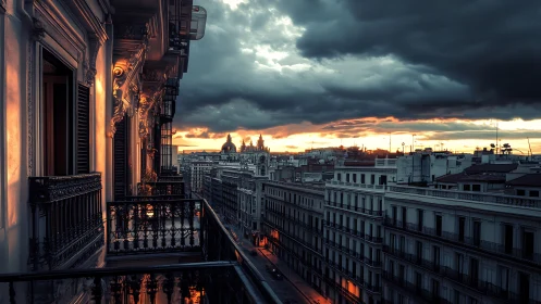 Balcony glow over brooding city avenue at stormy sunset.