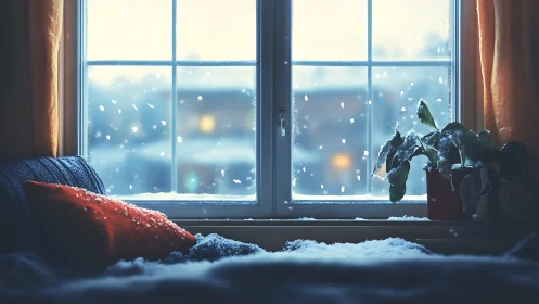 Cozy winter window welcomes soft snow and quiet evening light
