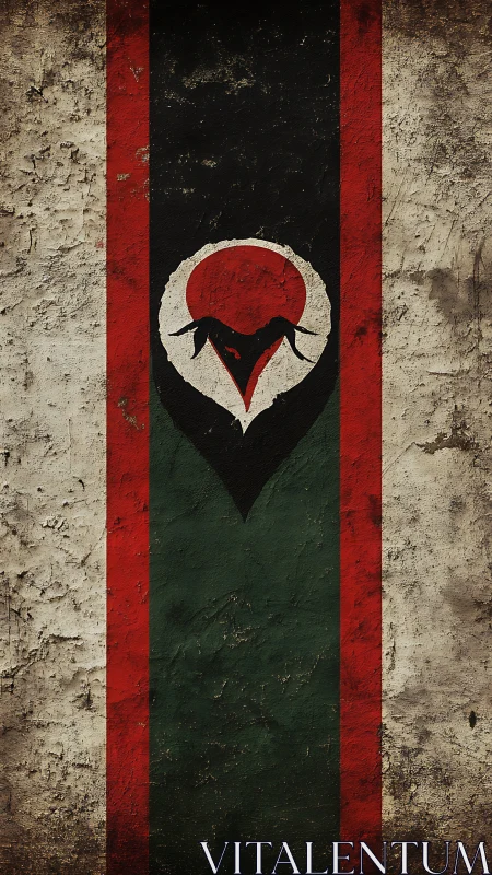 Weathered vertical banner with stylized avian sigil emblem.
