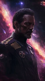 Veteran starship admiral in nebula backdrop with battlefleet