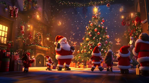 Santa leads a glowing workshop parade around the tree