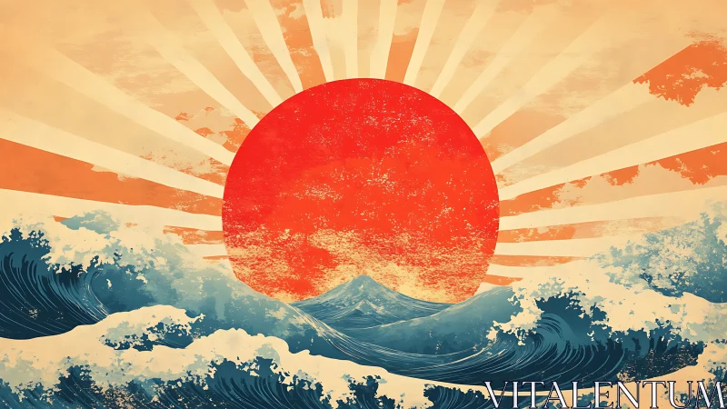 Radiant sun rises boldly above swirling blue ocean waves