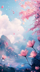 Cherry blossoms drift above misty lake and distant peaks