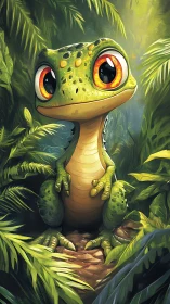 Wide-eyed cartoon gecko sits in lush sunlit jungle clearing